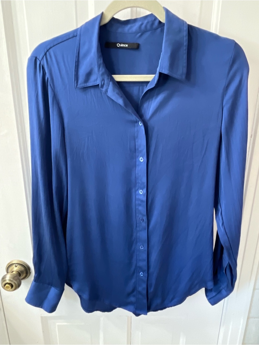 Quince Blue Long-Sleeve Button-Up Silk Blouse. Women’s Size Medium